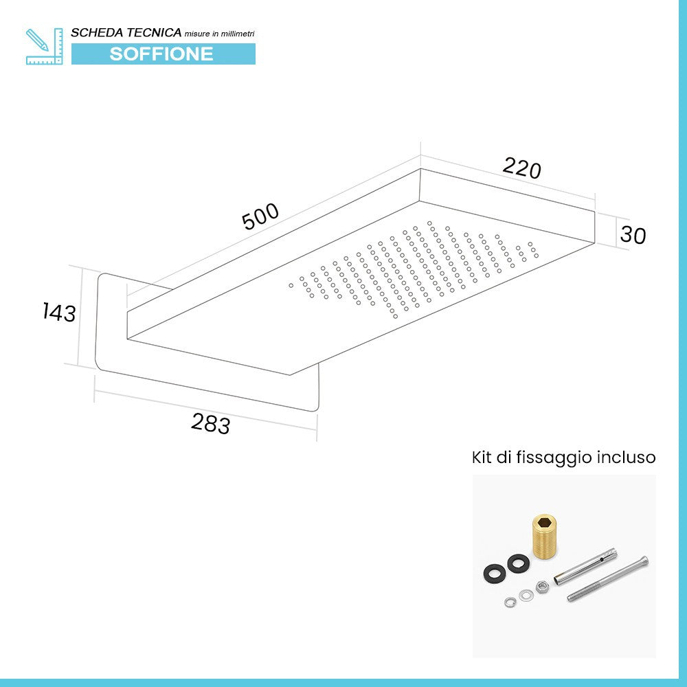 Soffione doccia a sbalzo 22x50 cm nero opaco in acciaio inox 