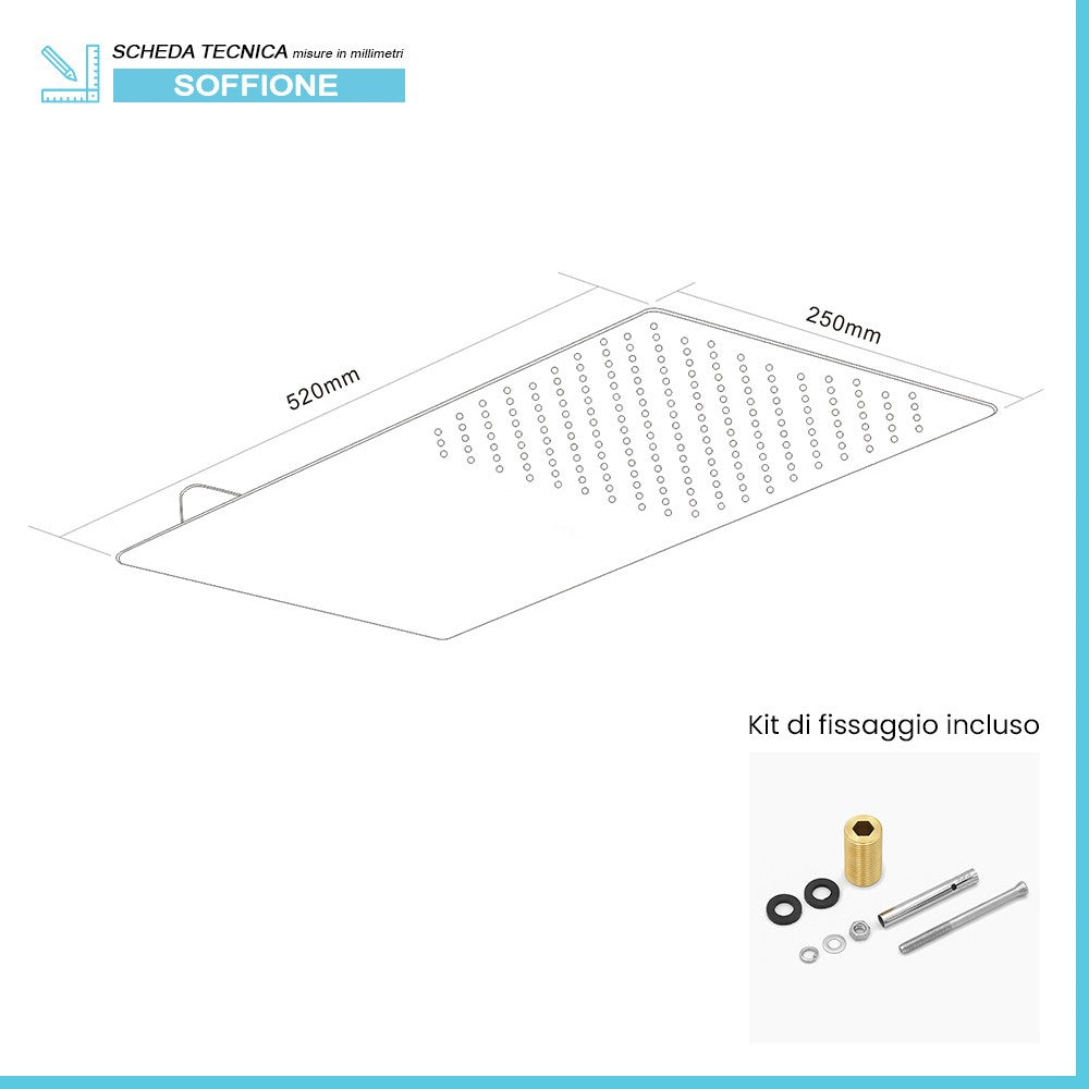 Soffione doccia a sbalzo slim 25x52 cm cromato in acciaio inox 