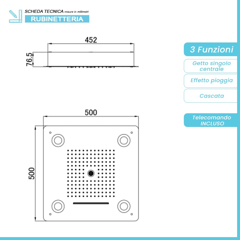 Soffione doccia ad incasso quadrato 50x50 con 3 getti e luci LED