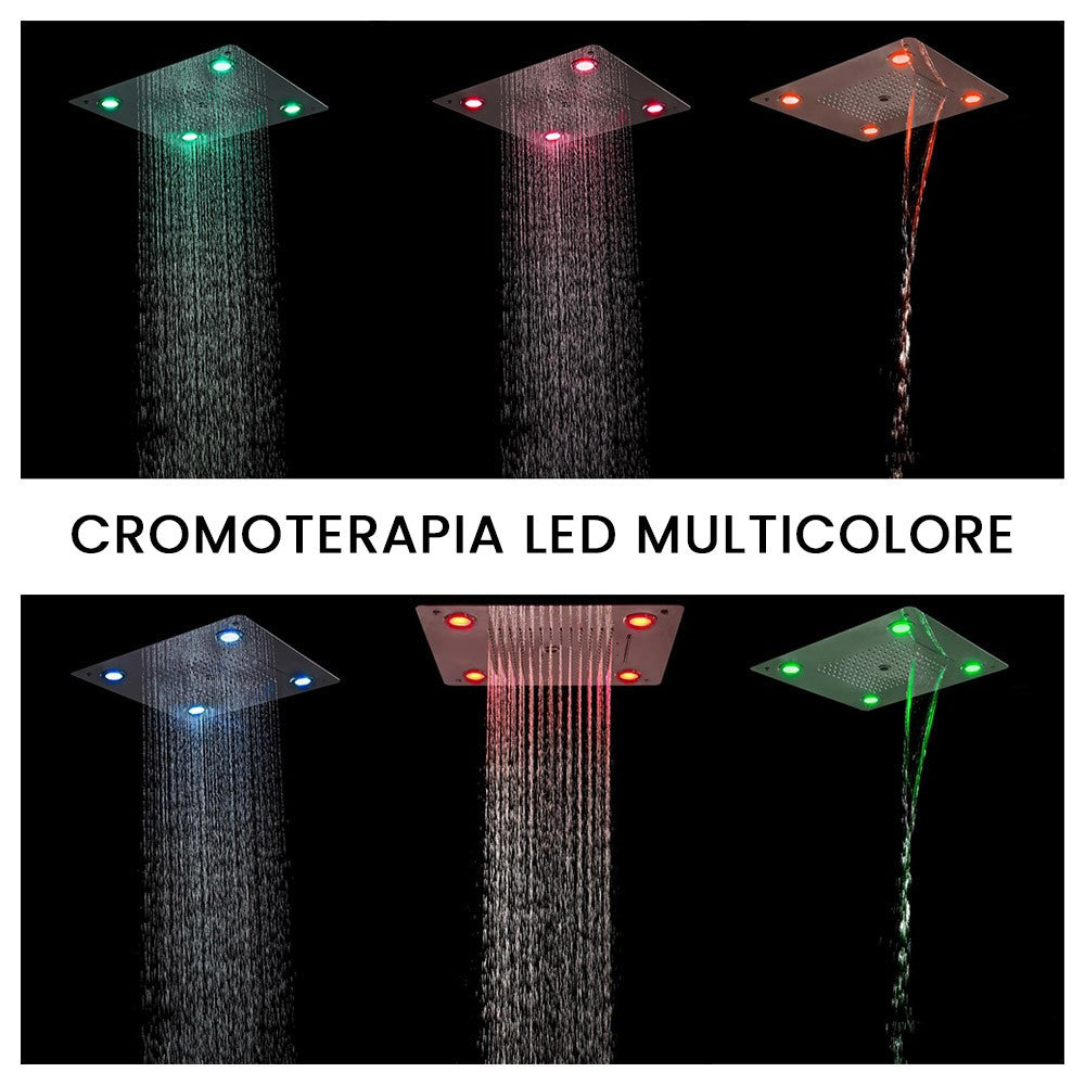 Soffione doccia ad incasso quadrato 50x50 con 3 getti e luci LED