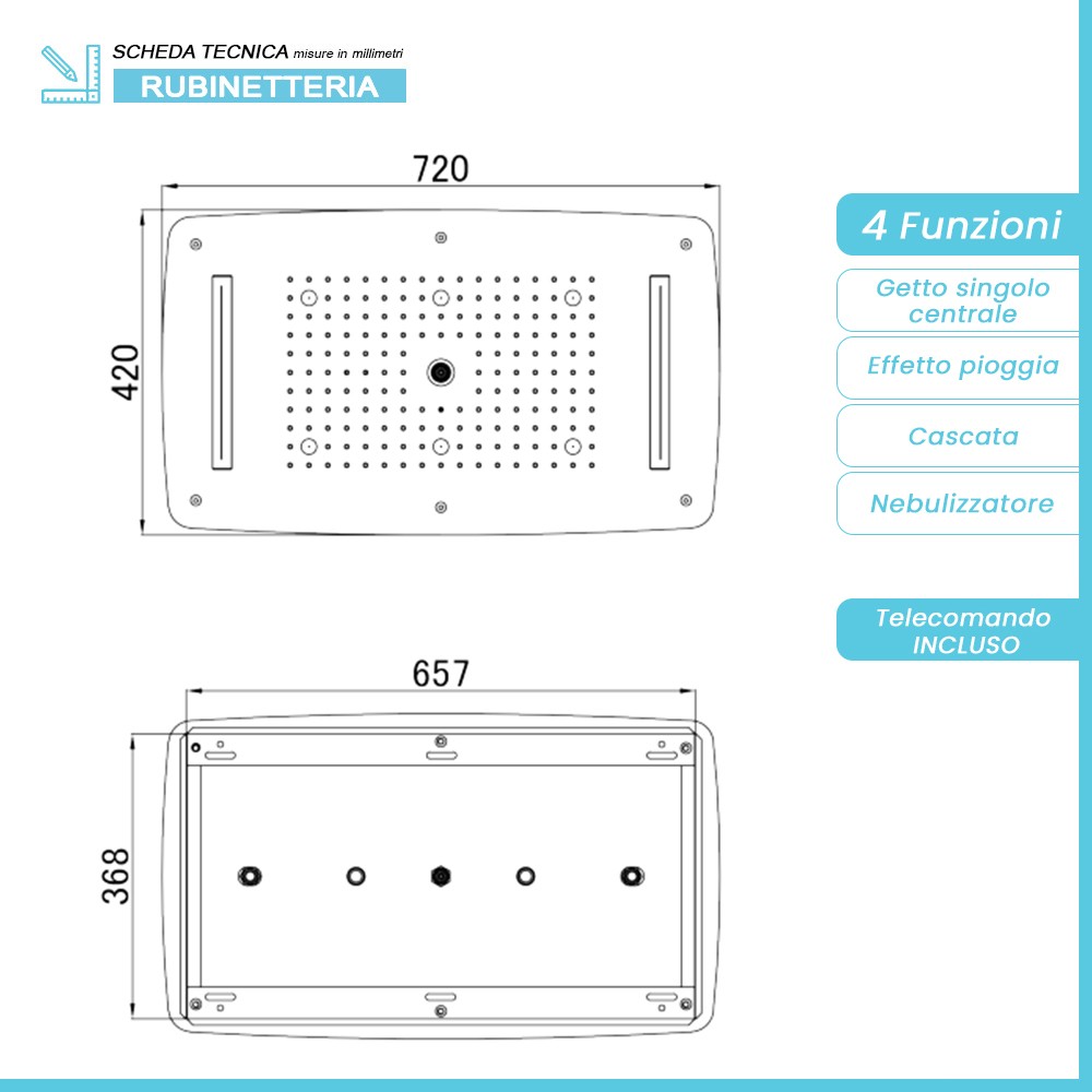 Soffione doccia ad incasso rettangolare 42x72 con 4 getti e luci LED