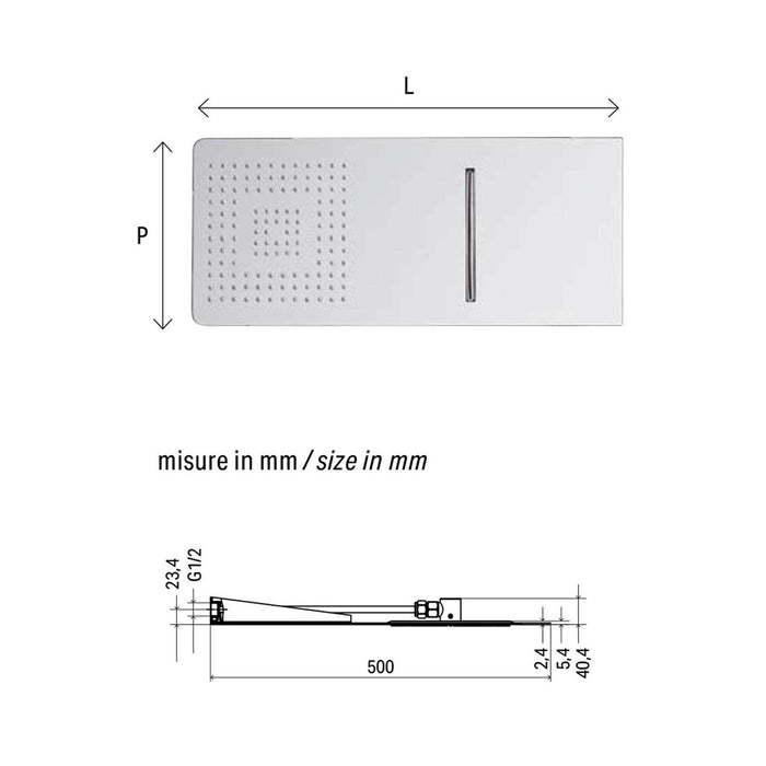 Soffione doccia cascata design quadrato con installazione a muro 50x20