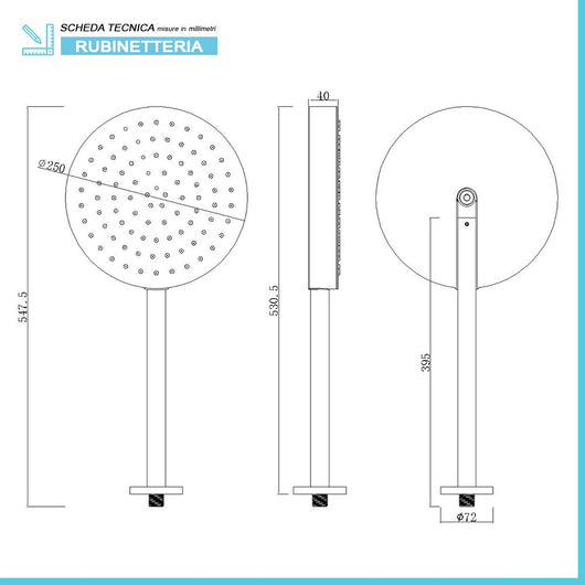 Soffione doccia cromato 25 con spessore 4 cm e braccio in acciaio 