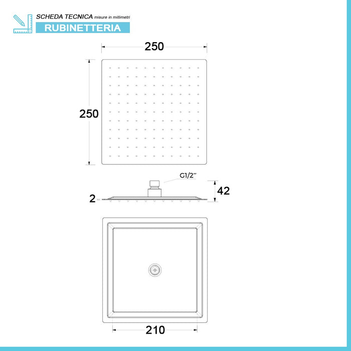 Soffione doccia quadrato 25x25 cm in acciaio inox nero opaco anticalcare