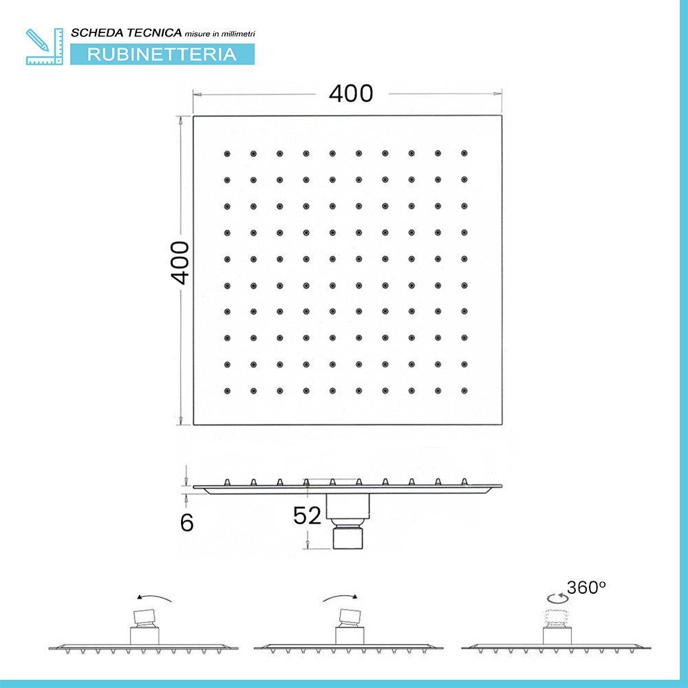 Soffione doccia quadrato 40x40 cm cromato lucido in acciaio inox