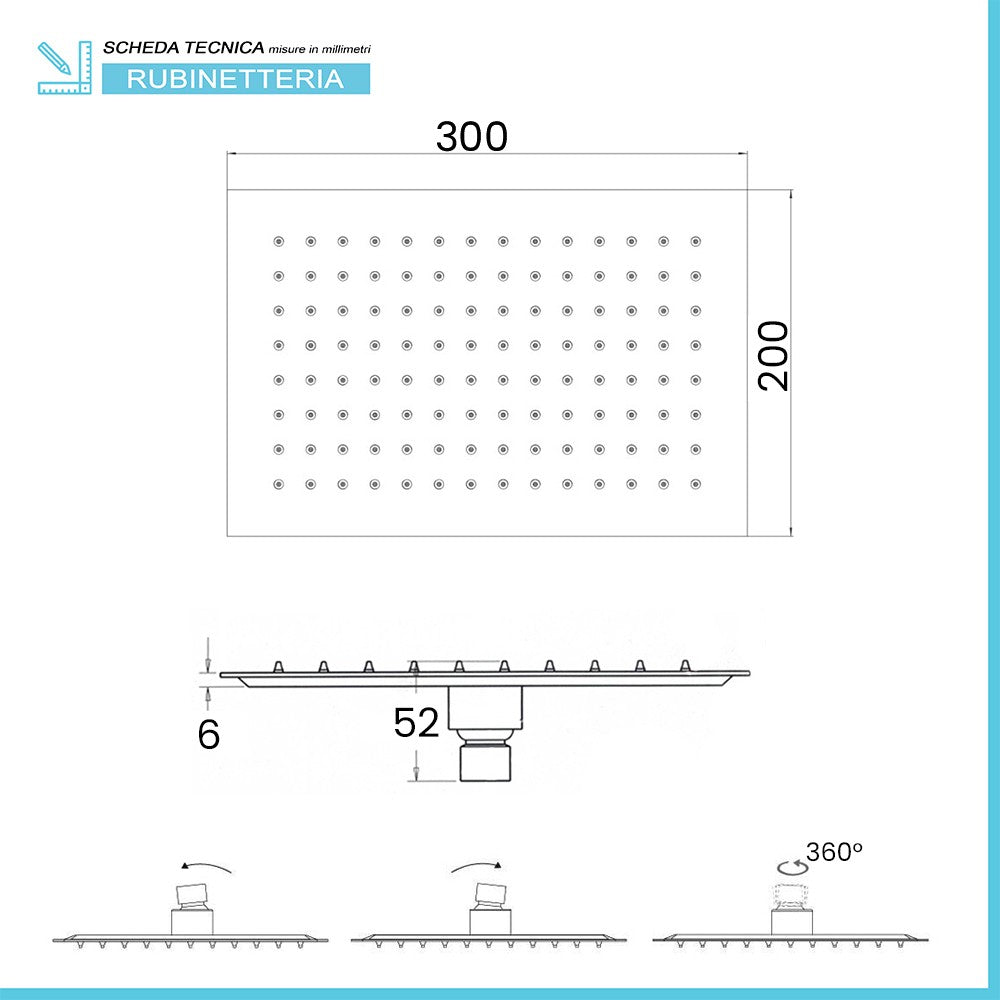 Soffione doccia rettangolare 30x20 cm nero opaco in acciaio inox