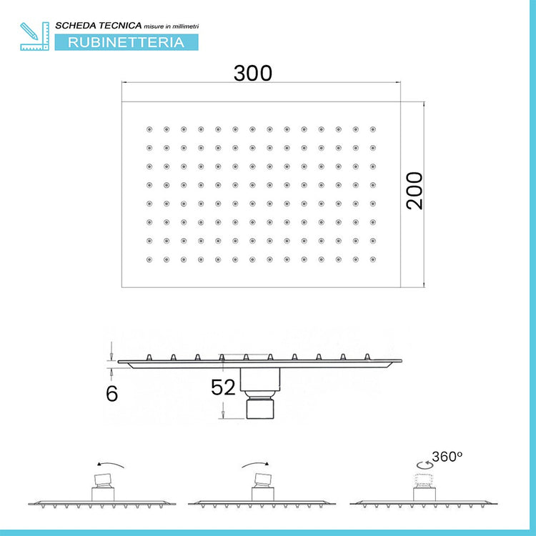 Soffione doccia rettangolare 30x20 cm nero opaco in acciaio inox