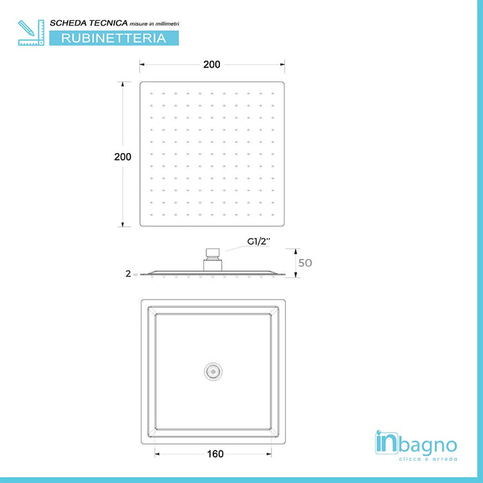 Soffione doccia slim quadrato 20x20 cm in Acciaio Cromato