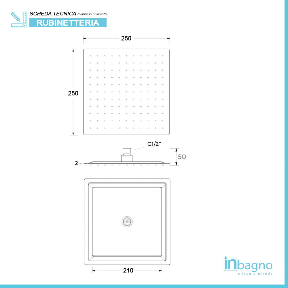 Soffione Doccia slim quadrato 25x25 cm in acciaio cromato