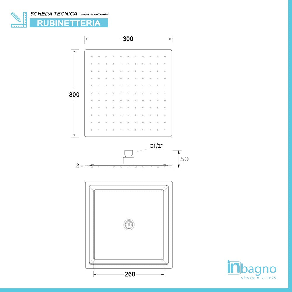 Soffione doccia slim quadrato 30x30 cm in acciaio cromato