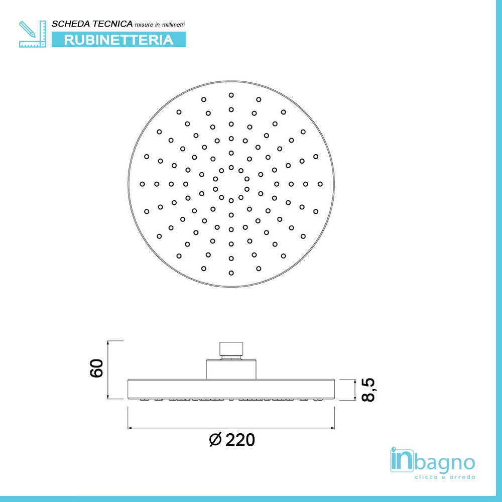 Soffione doccia tondo diametro 22 cm in ABS con finitura cromo