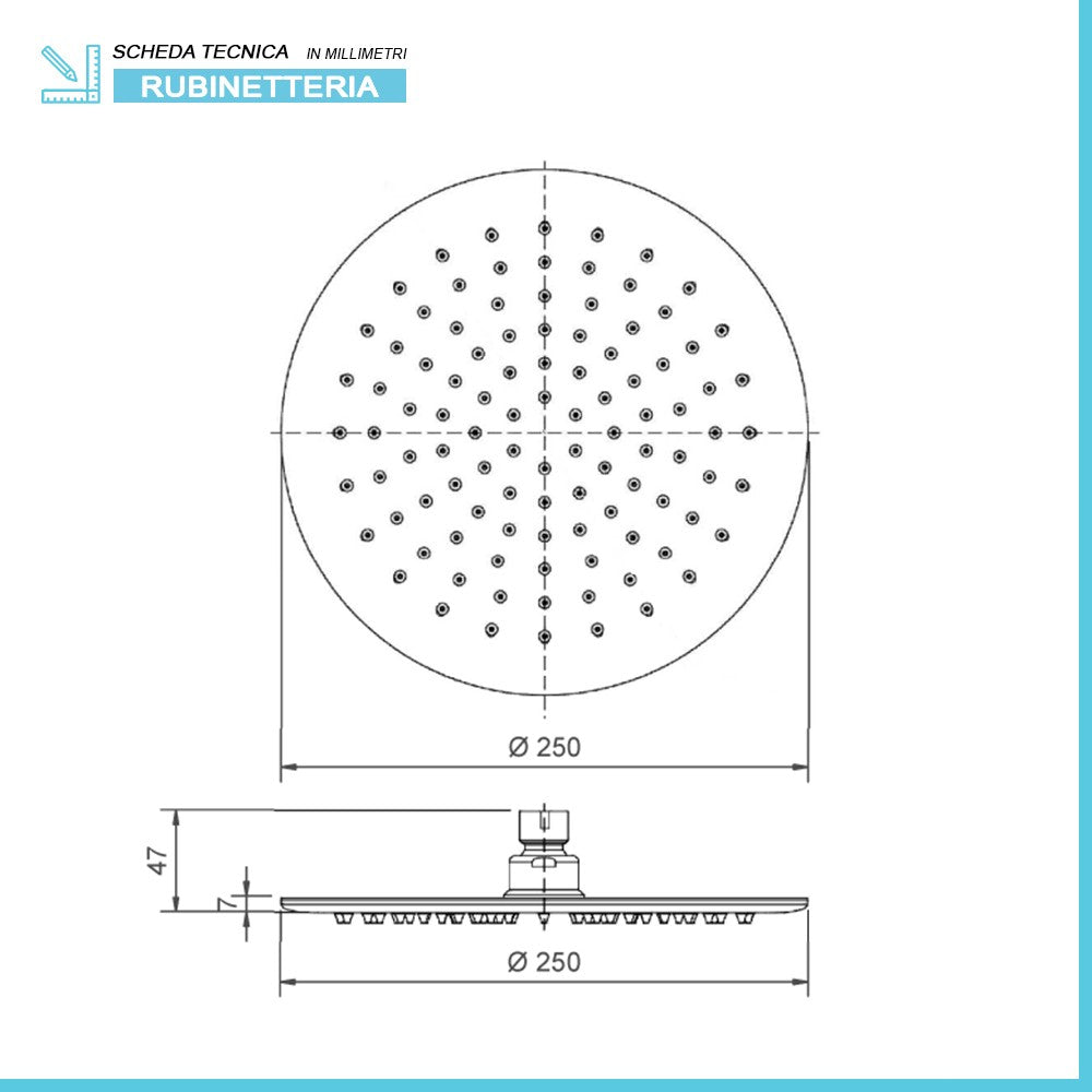 Soffione doccia tondo nero opaco in acciaio inox diametro 25 cm