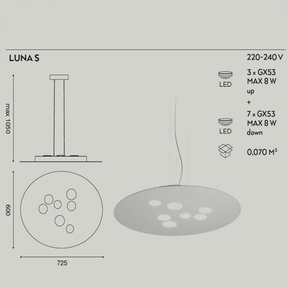 Sospensione gea luce luna s gx53 led 72x60 biemissione alluminio metacrilato lampadario moderno interno, finitura