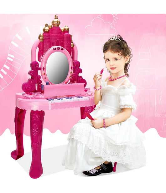 Specchiera Make Up Per Bambina Con Luci Suoni Tastiera Pianola E Sgabello 2in1         