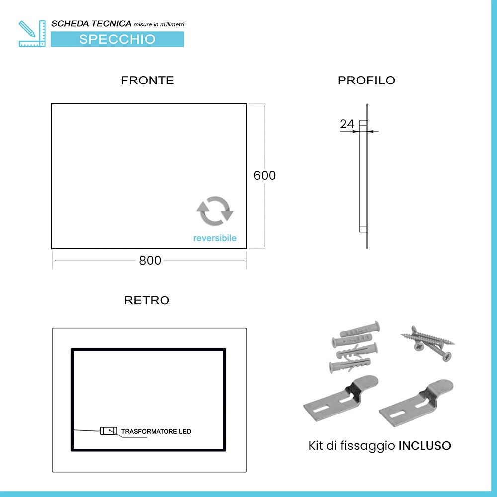 Specchio bagno 60x80 cm illuminazione perimetrale e installazione reversibile