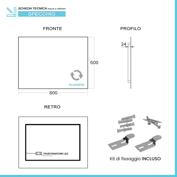 Specchio bagno 60x80 cm illuminazione perimetrale e installazione reversibile