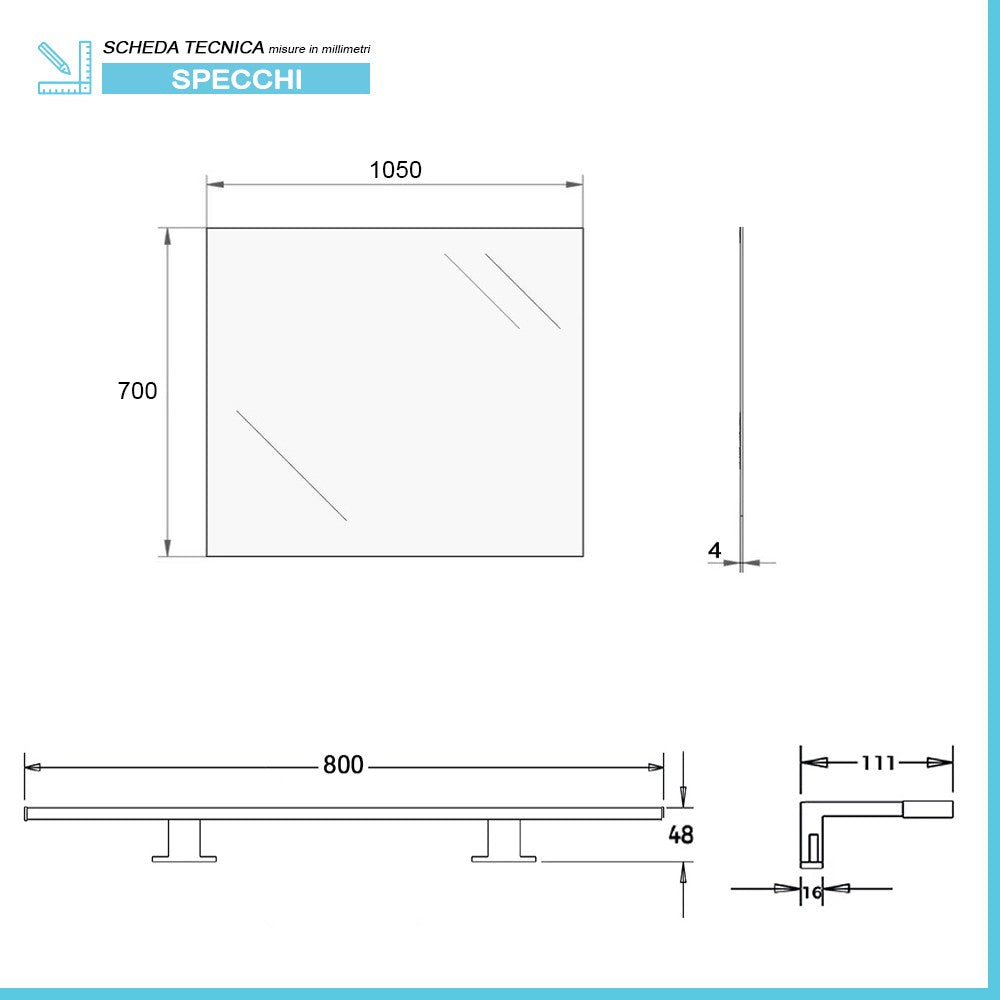 Specchio bagno LED 105x70 cm con lampada 80 cm 