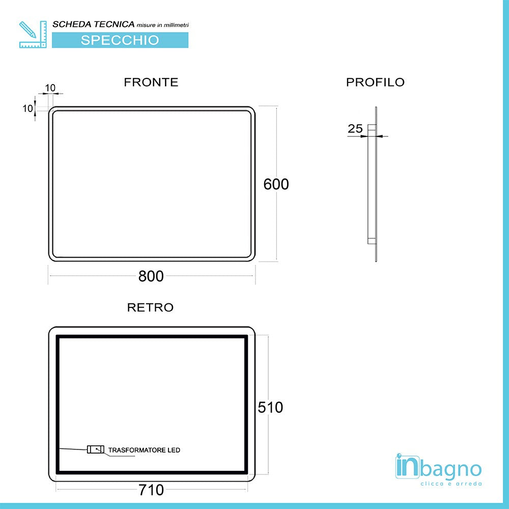 Specchiera bagno 80x60 reversibile completa di cornice a LED