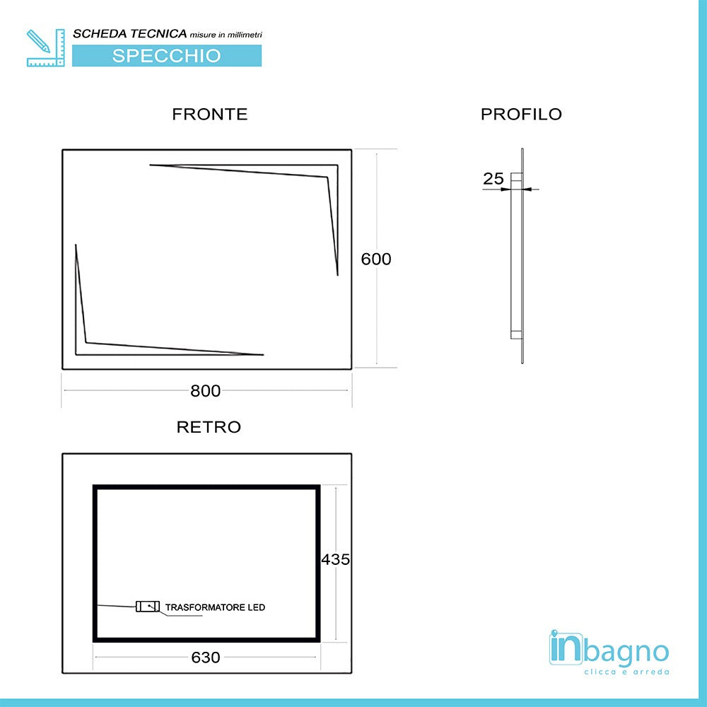 Specchio bagno con luci LED 80x60cm installazione reversibile