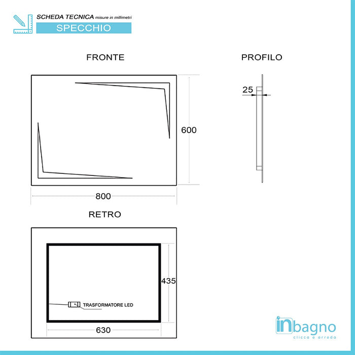 Specchio bagno con luci LED 80x60cm installazione reversibile