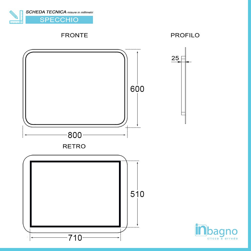 Specchio per bagno 80x60 cm stondato completo di cornice slim a LED