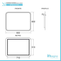 Specchio per bagno 80x60 cm stondato completo di cornice slim a LED