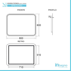 Specchio per bagno 80x60 cm stondato completo di cornice slim a LED