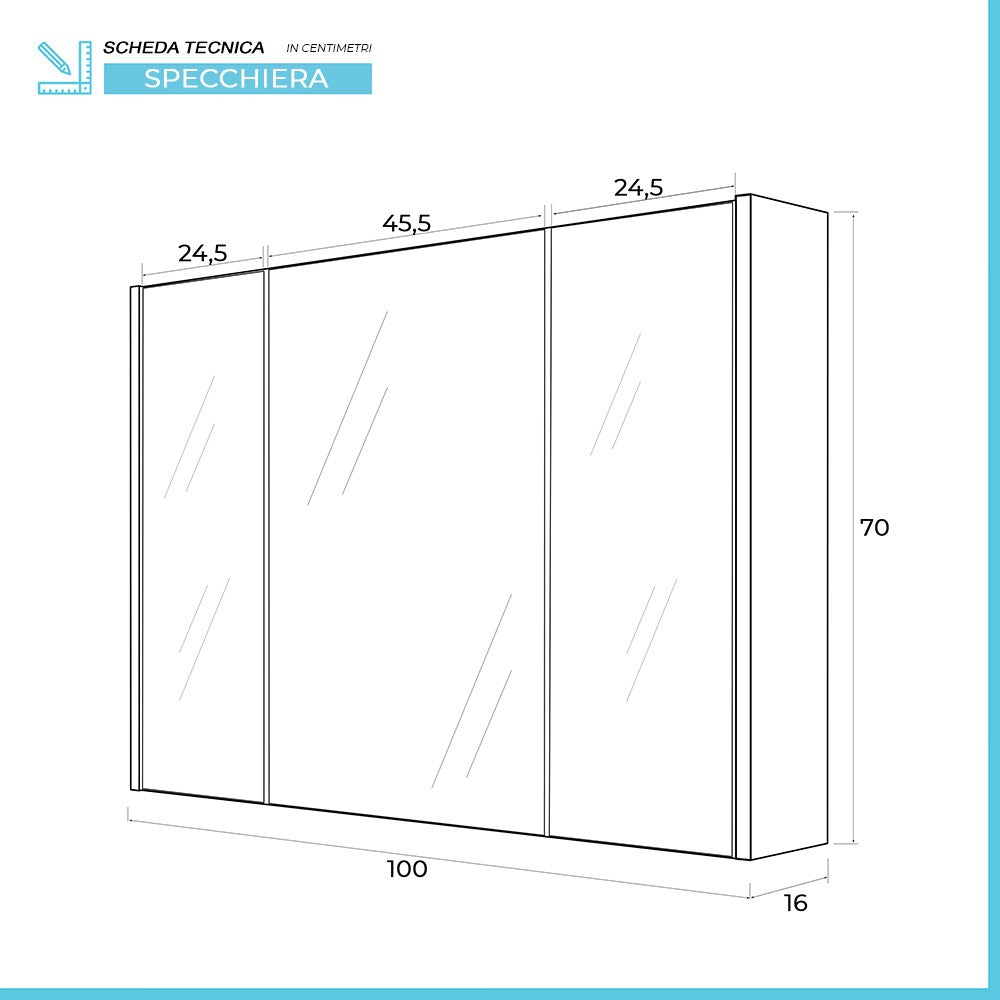 Specchio contenitore Rovere scuro 3 ante chiusura rallentata Ripiani interni in vetro Way