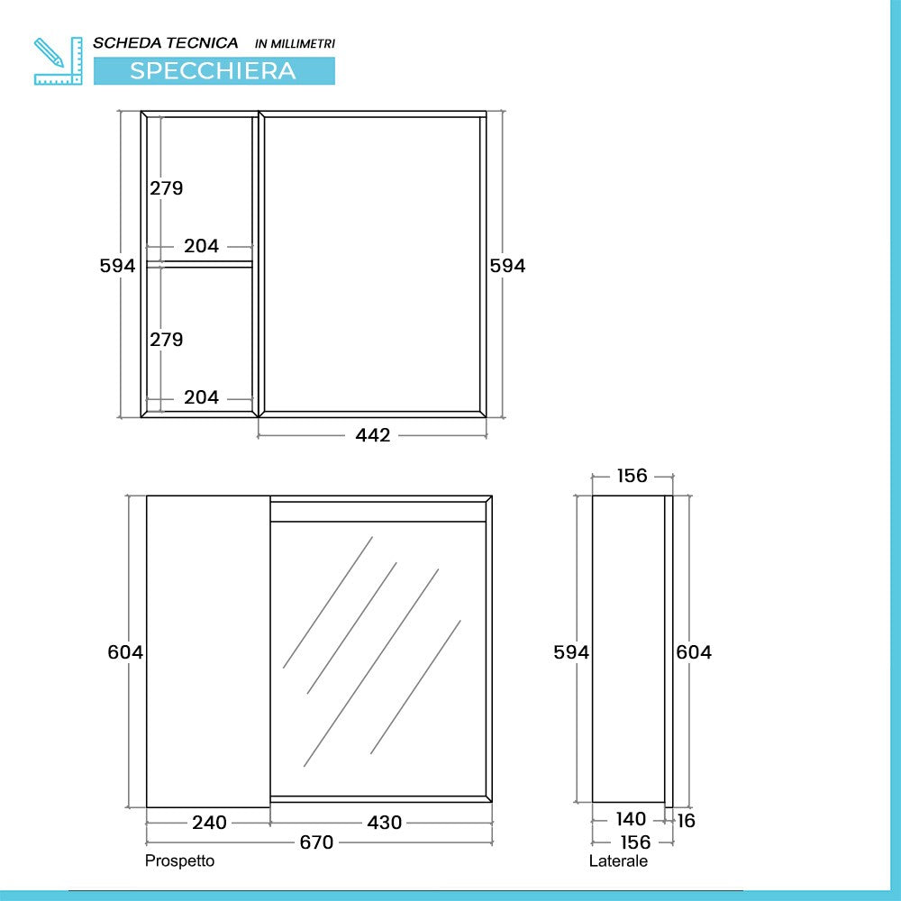 Specchio contenitore 67x60 cm bianco con LED e ripiani interni 