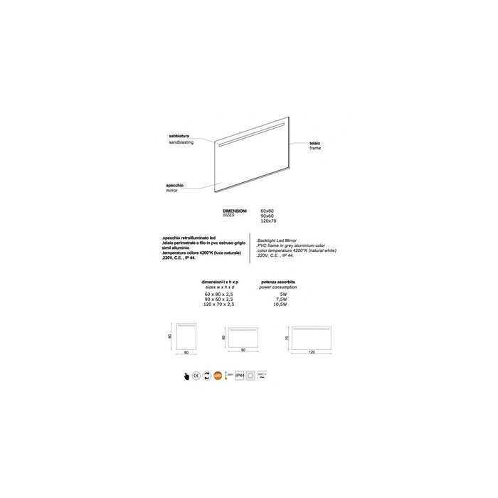 Specchio da parete con retroilluminazione superiore a led 120x70cm