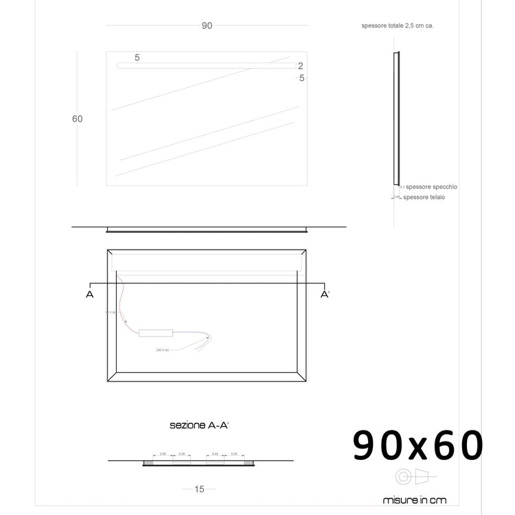 Specchio led bagno per mobile filo lucido 4 debby, misura 120x70