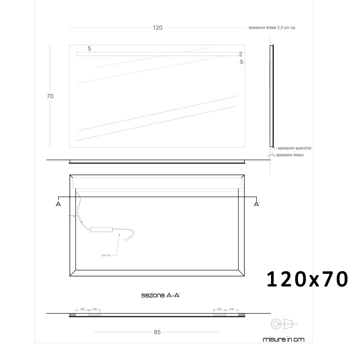 Specchio led bagno per mobile filo lucido 4 debby, misura 120x70