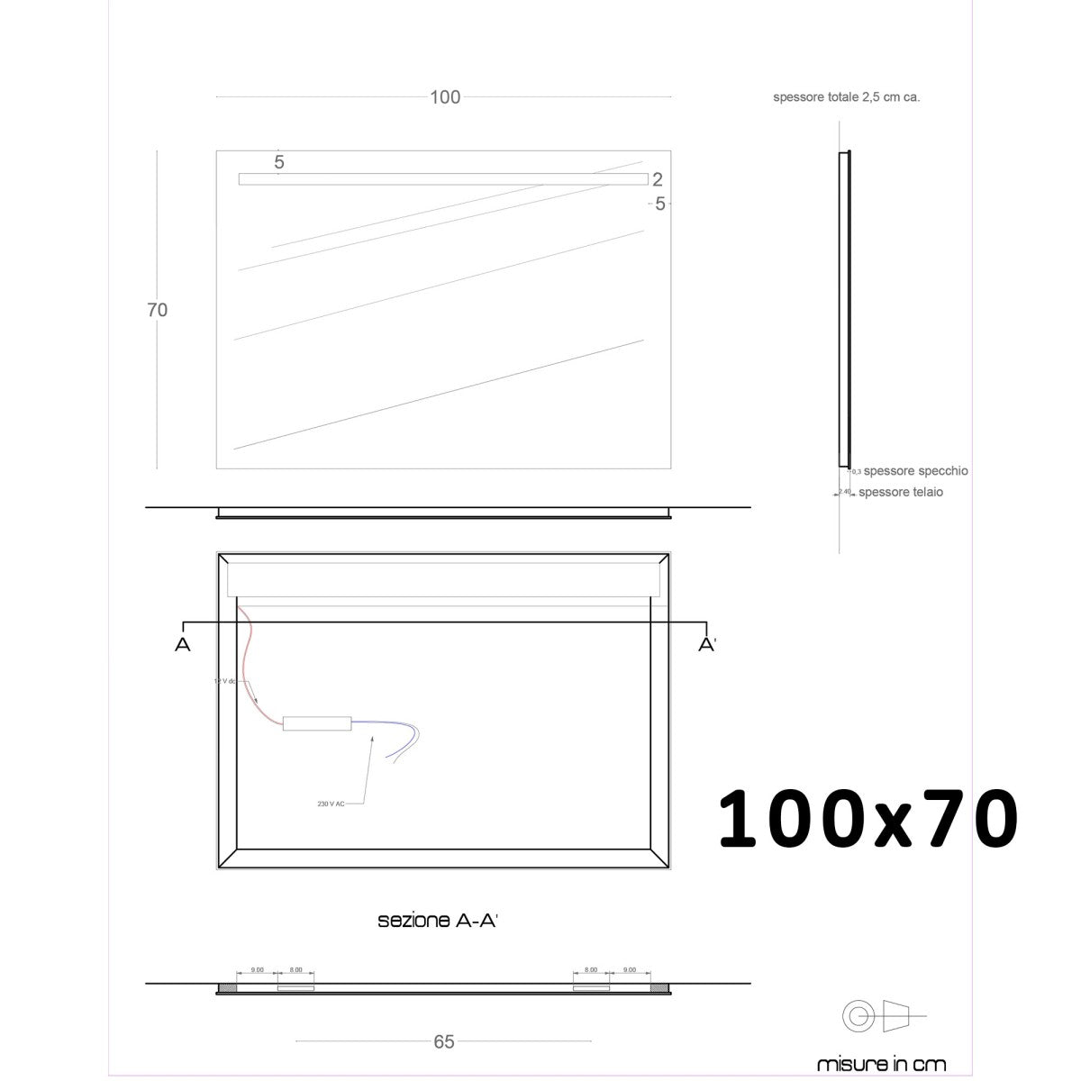 Specchio led bagno per mobile filo lucido 4 debby, misura 70x50