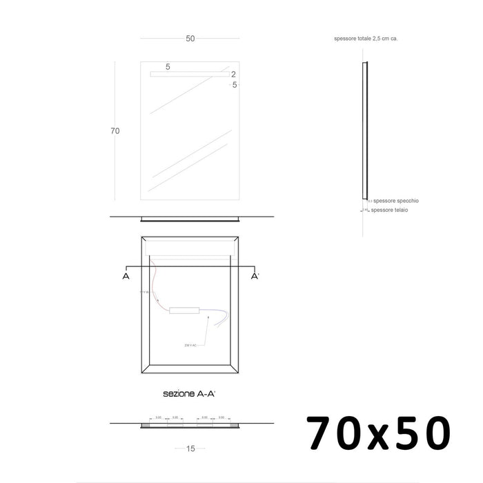 Specchio led bagno per mobile filo lucido 4 debby, misura 70x50