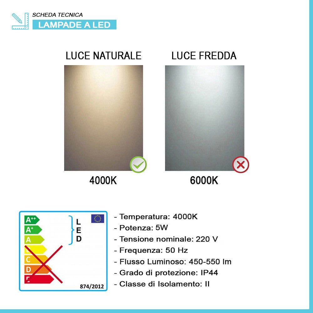 Specchio led per bagno 50x60 cm reversibile con luce LED 30 cm naturale cromata