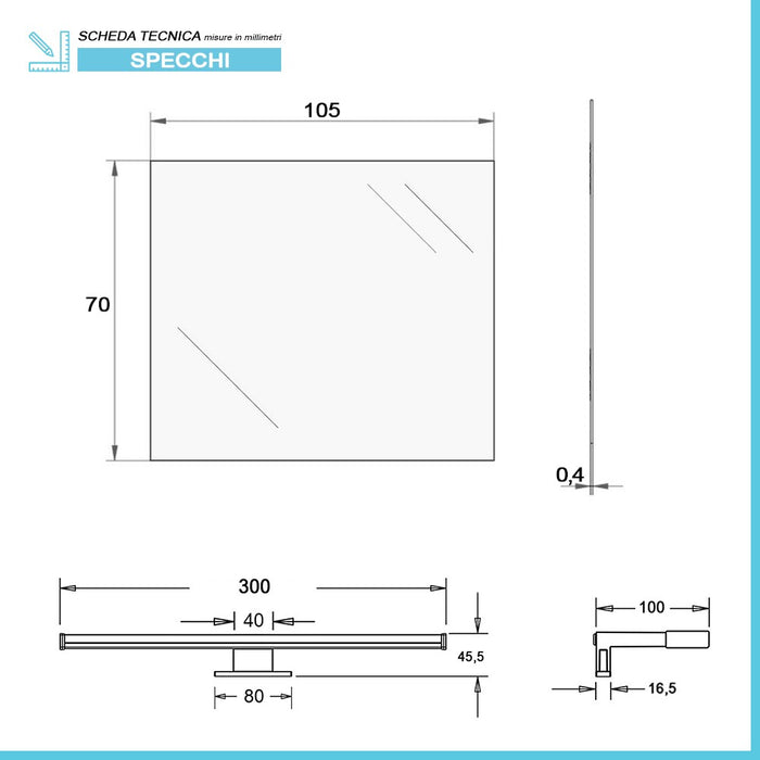 Specchio led per bagno 70x105 cm reversibile con luce LED 30 cm naturale cromata