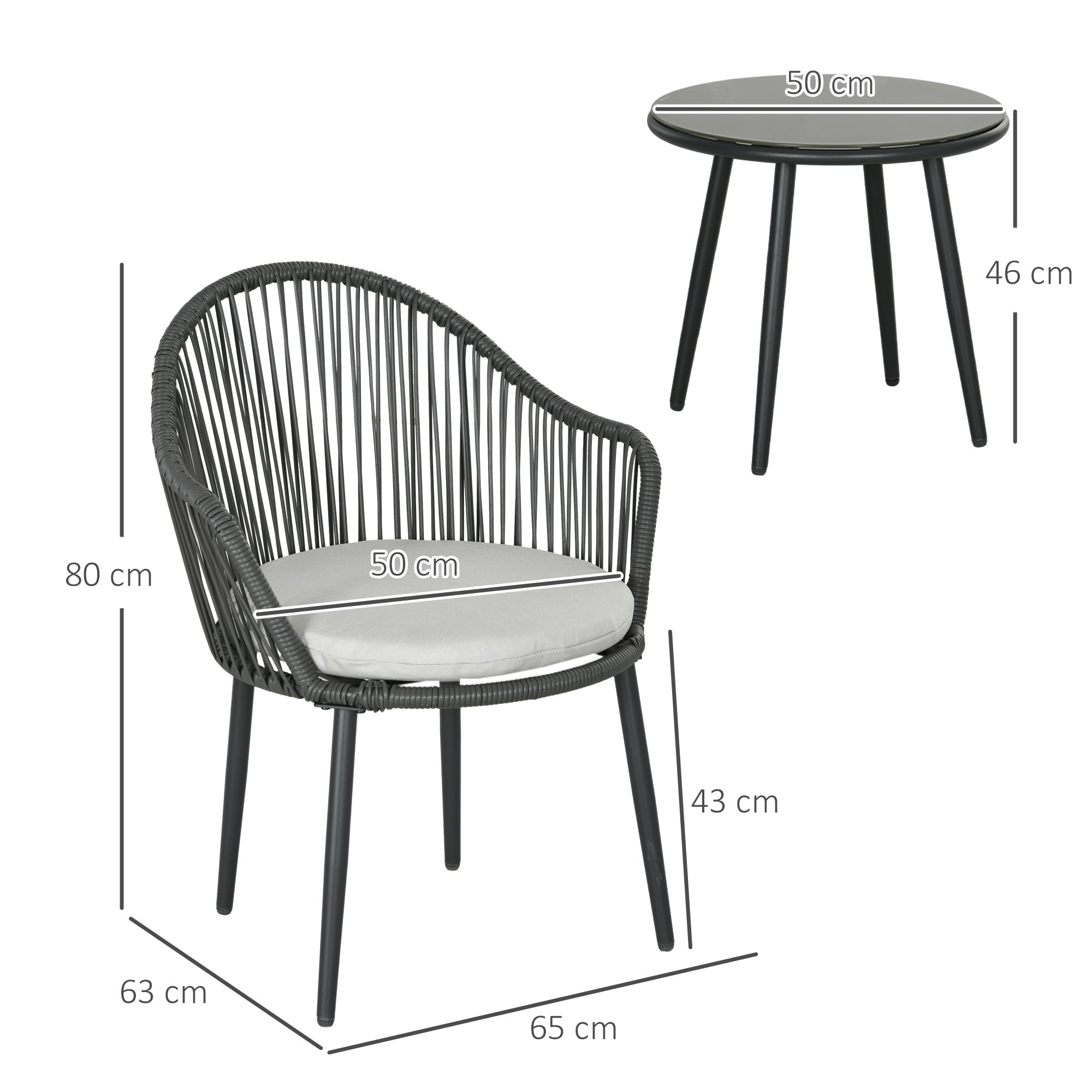 Set Tavolino da Caffè con Piano in Vetro e 2 poltroncine da Giardino in Rattan con Cuscini Grigio