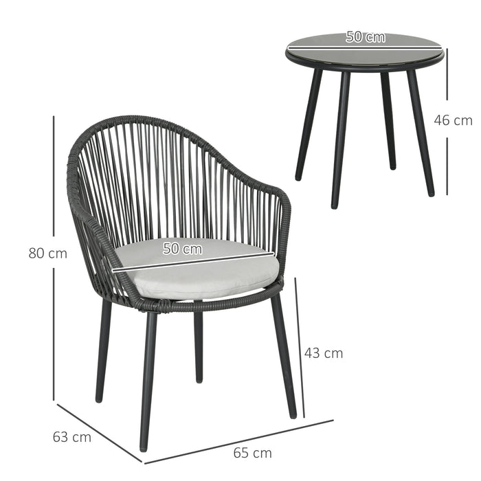 Set Tavolino da Caffè con Piano in Vetro e 2 poltroncine da Giardino in Rattan con Cuscini Grigio