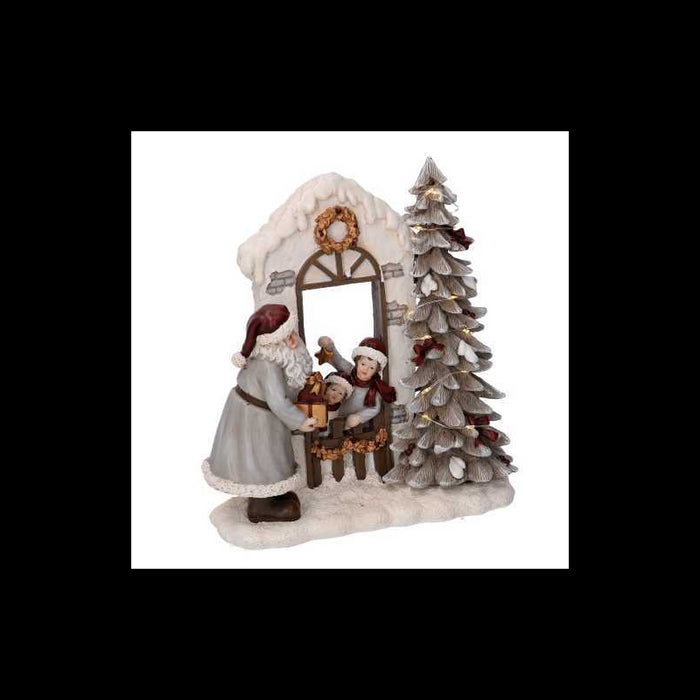 Statua resina babbo natale e bambini grigio con led cm22x9,5h22,5