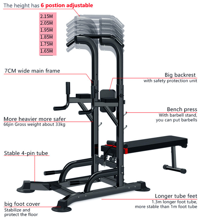 Stazione Fitness Multifunzione Power Tower chin-up dip station dotata di barra regolabile panca per trazioni,flessioni e addominali