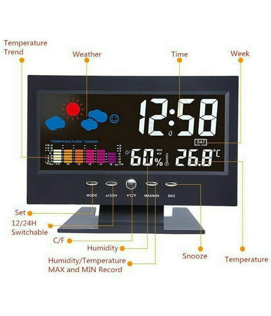 Stazione Meteo Igrometro Orologio Sveglia Da Tavolo Display Lcd Color Senza Fili         