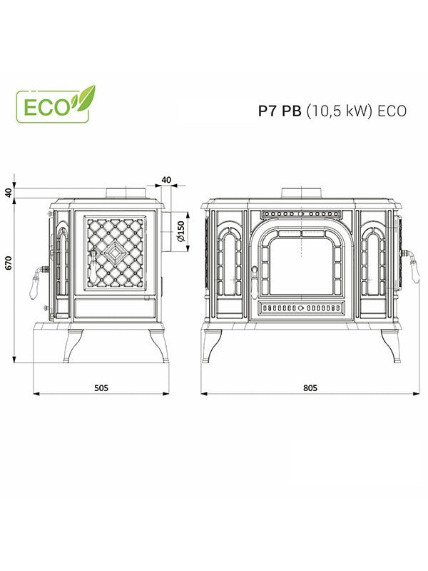 Stufa a legna in ghisa a libera installazione - P7 (10,5 KW) ECO