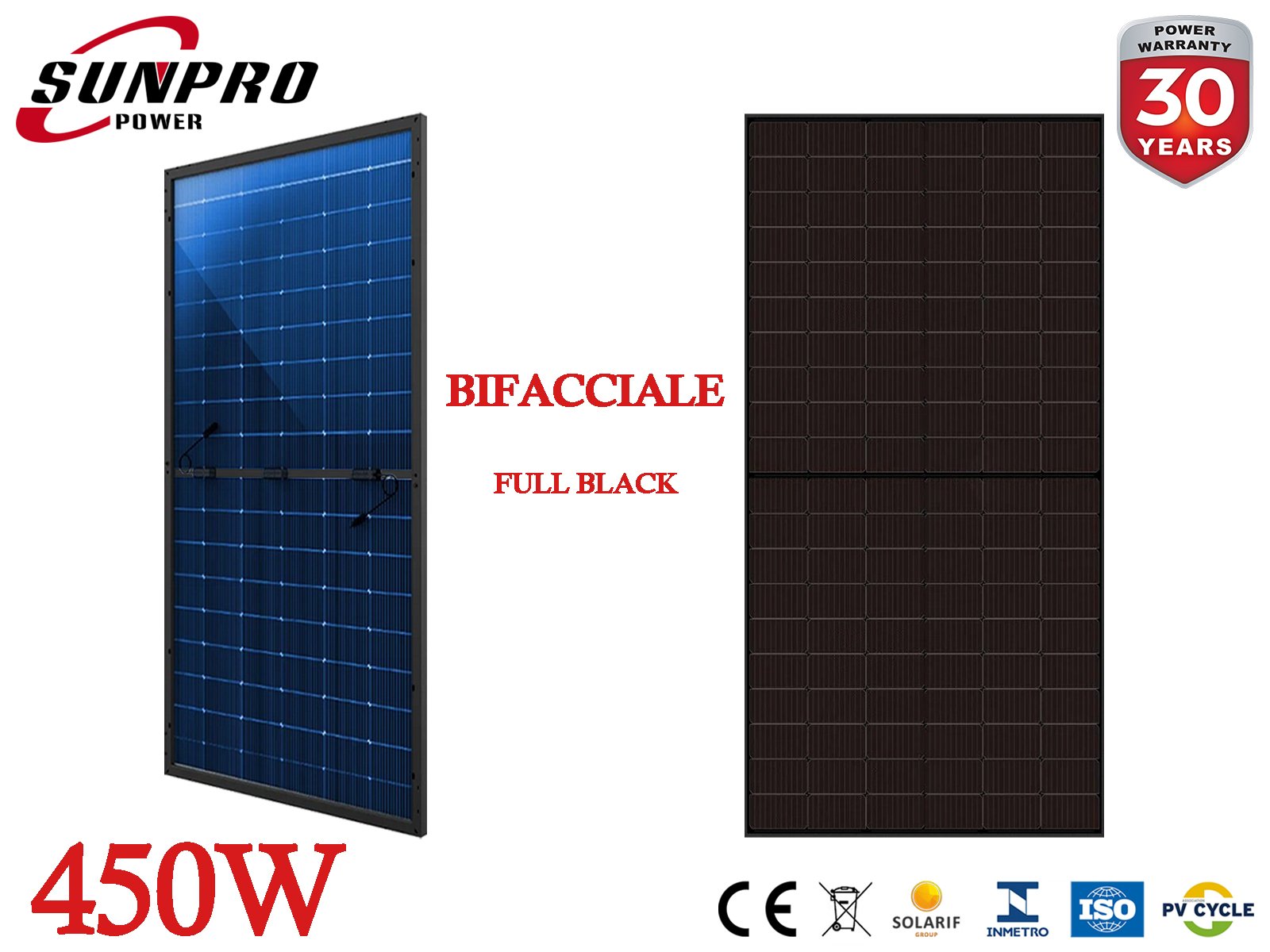 Pannello Solare Fotovoltaico 450W Bifacciale 176x113x30 Full Black Antigrandine