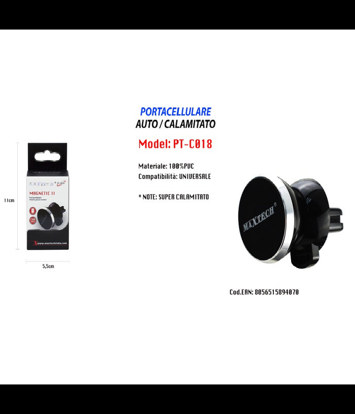 Supporto Calamitato Auto Universale Per Smartphone Portacellulare Maxtech Pt-c018         