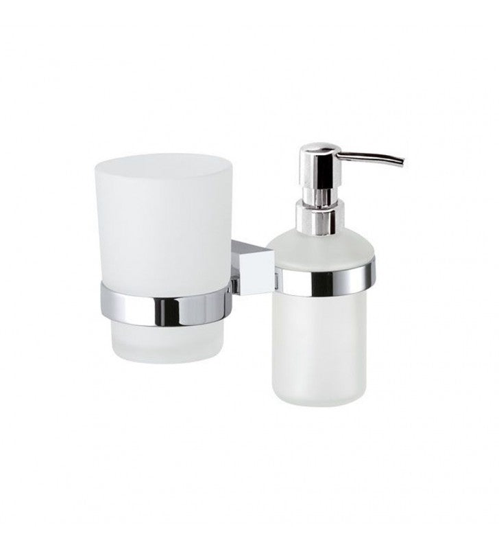 Supporto da muro doppio con portabicchiere e dispenser sapone - serie sq cod 76312