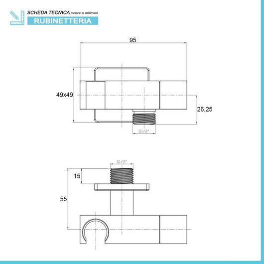 Supporto doccia cromato design squadrato con rubinetto dâ€™arresto 