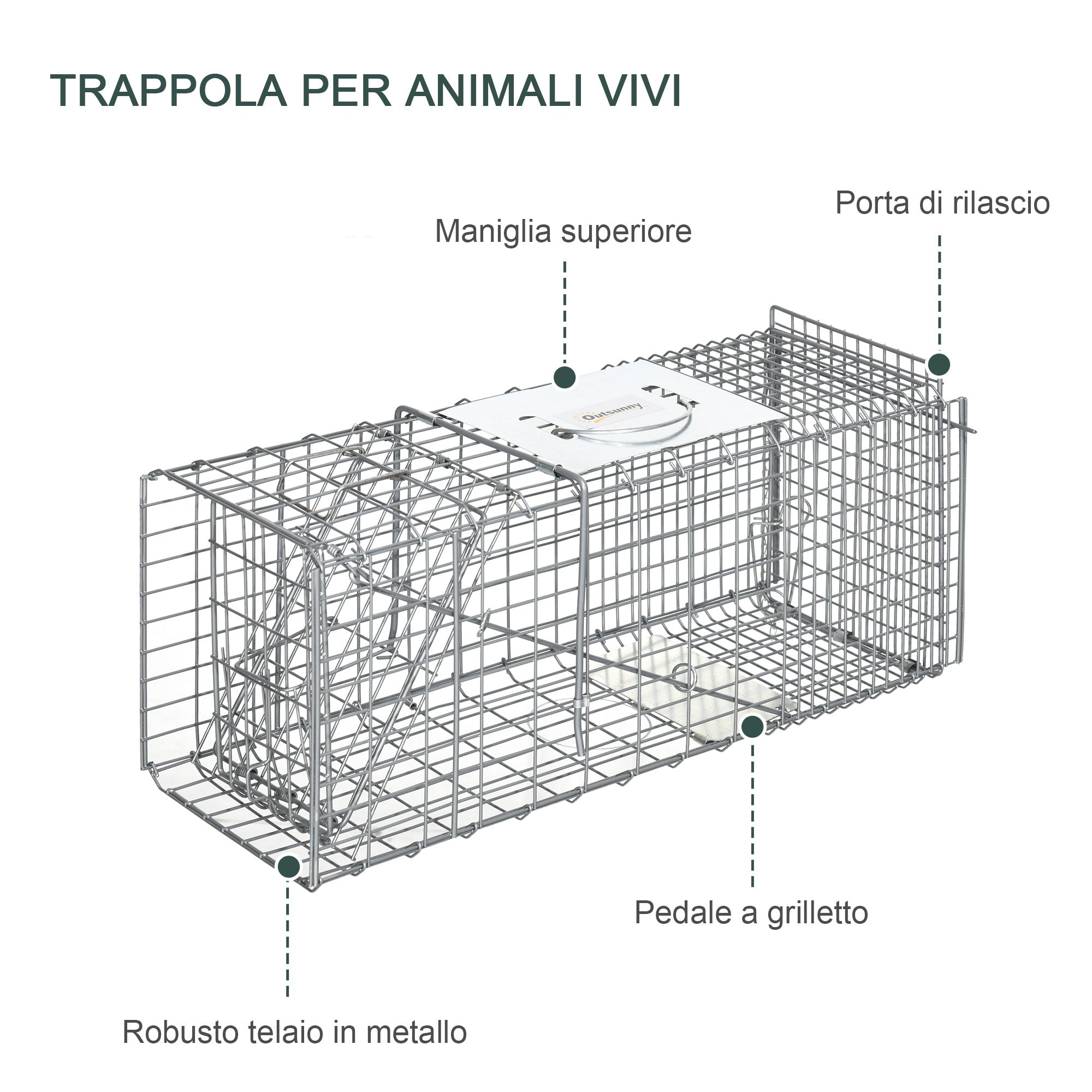 Trappola per Animali Vivi 66x24x30,5 cm in Acciaio Argento