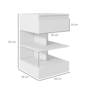 Comodino 39x39x65 cm 2 Ripiani 1 Cassetto in Truciolato Bianco