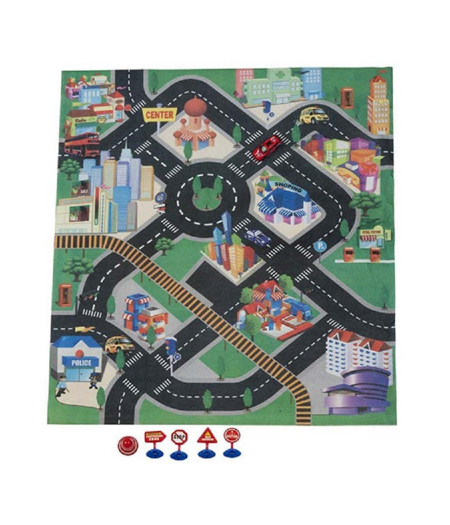 Tappeto Disegno Città  Pista 80x70cm Playmat Kids Con Accessori Arredo Cameretta         