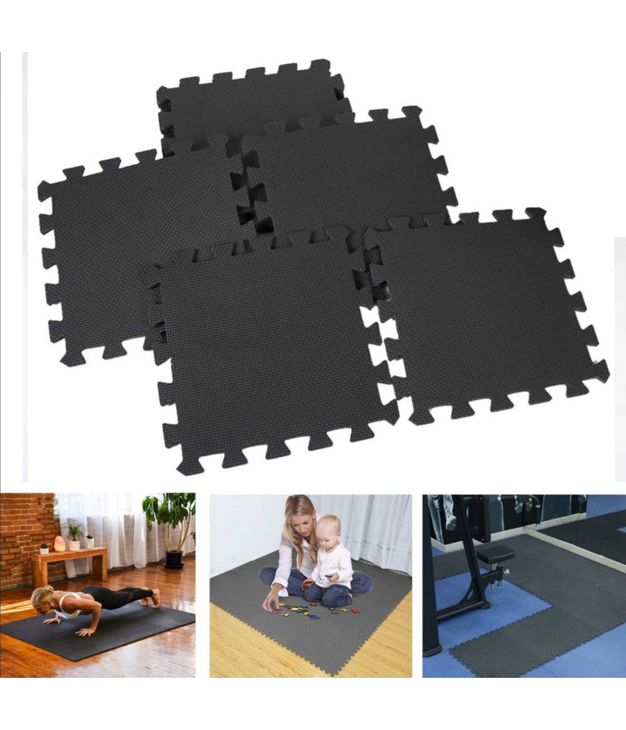 Tappeto Puzzle Tappetino Fitness Palestra Multiuso Schiuma Eva 10pz 30x30cm Nero         